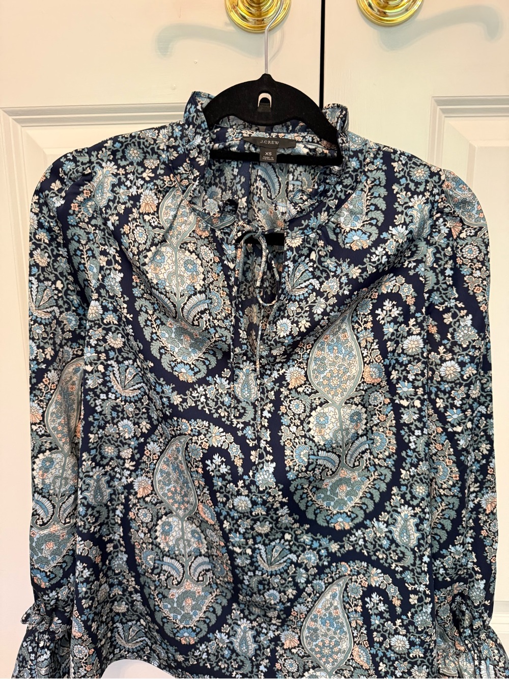 J. Crew Navy Paisley Tie-Neck Blouse with Light Blue Accents